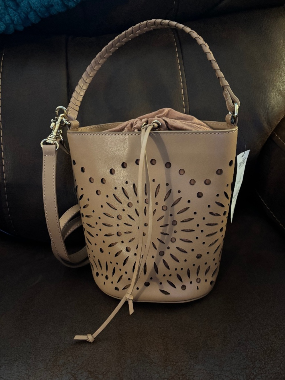 Chico’s Bucket Style Shoulder Tan Bag New with Tags Drawstring Cutout Detail